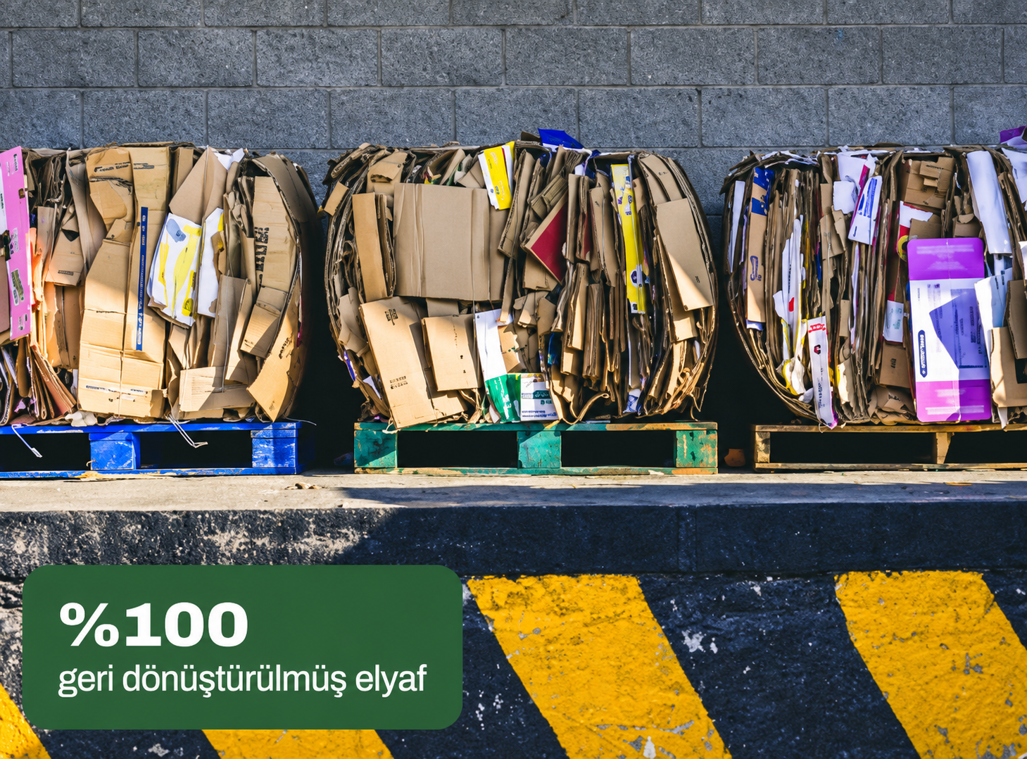Kağıt ve karton balyaları; %100 geri dönüştürülmüş elyaf